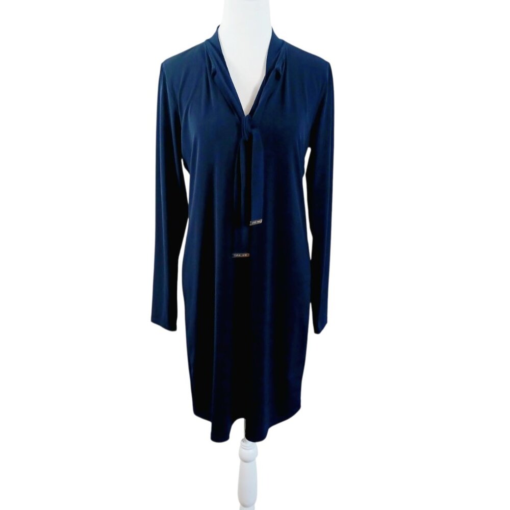 Michael Kors Lightweight Long Sleeve Navy Dress W/ Decorative Tie Neck, SZ Med. - Picture 3 of 16